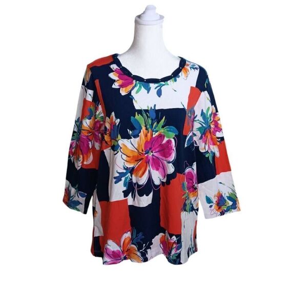 Alfred Dunner Floral Colorblock Pullover Top Sz S Red Blue Pink Orange Green - Picture 1 of 6
